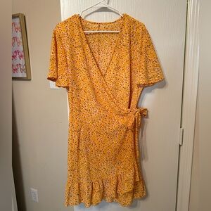 Yellow Floral Wrap Dress with Ruffle Hem